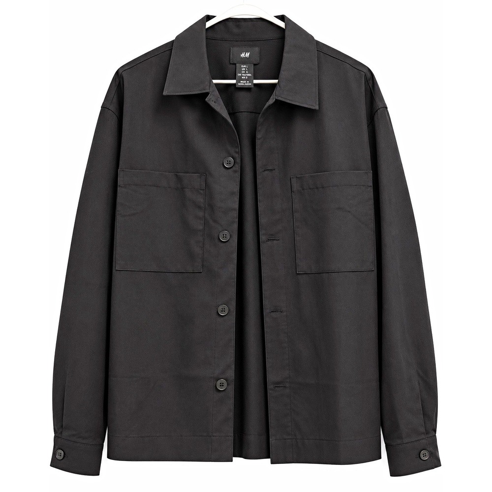 H&M Men's Black Overshirt Jacket Button Front Pockets Short Cotton Size L